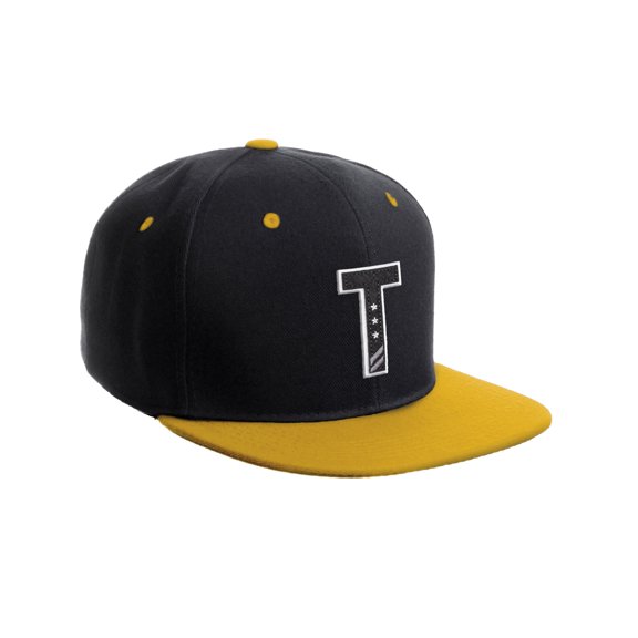 Daxton Classic Snapback 3D Alphabet A to Z Numbers Initials Flat Bill Visor Cap-Black Gold Hat, Letter T
