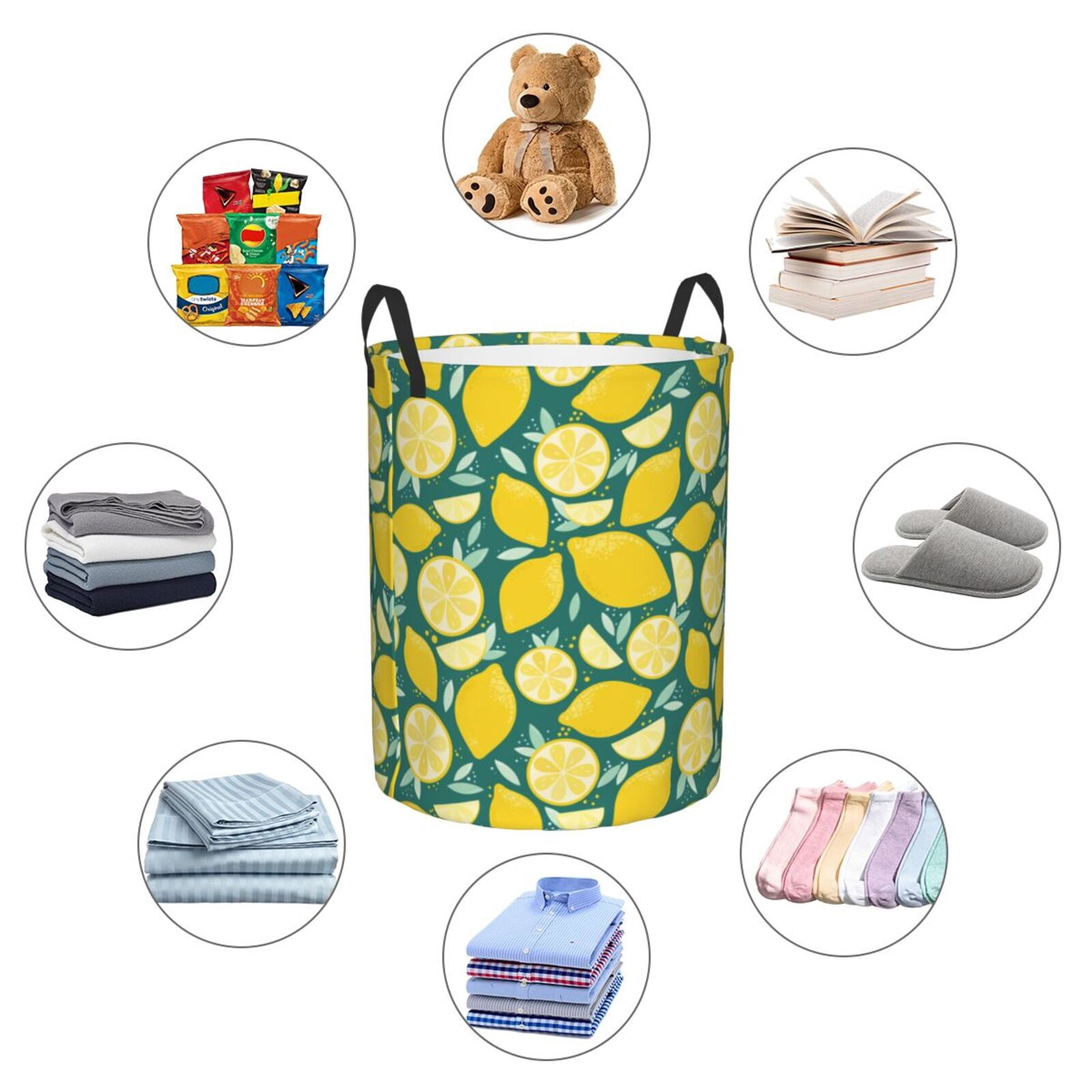 Large Laundry Basket with Handles - cartoon Lemon leaves print Kids Baby Dirty Clothes Laundry Hamper for Bedroom Aesthetic
