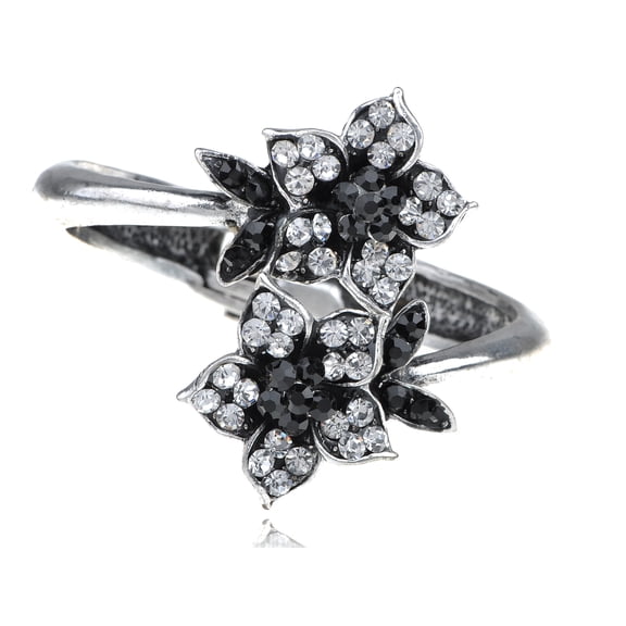 Alilang Silvery Tone Black Clear Crystal Rhinestone Flower Fashion Bracelet Bangle Cuff