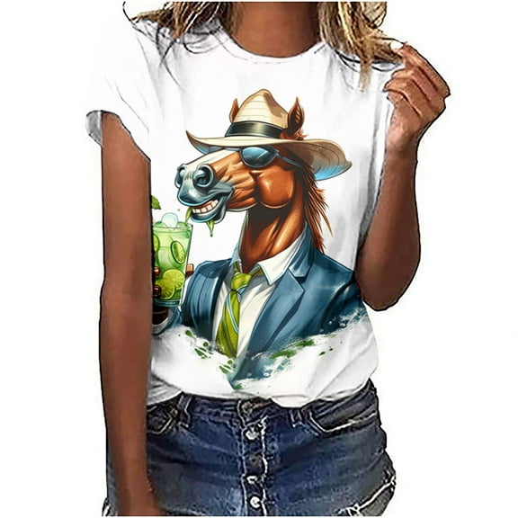 CFLVAEK Funny Horse Racing Shirts for Women Plus Size Short Sleeve Summer Tshirts Casual Round Neck Tops Loose Fit Horse Racing Party Shirt XL