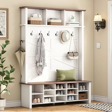 Farmhouse 4-in-1 Hall Tree with 6 Hooks, Practical Walnut Entryway Bench with Adjustable Shelves, Wooden Style Rustic Shoe Organizer with 16 Open Compartments for Mudroom, Living Room, White