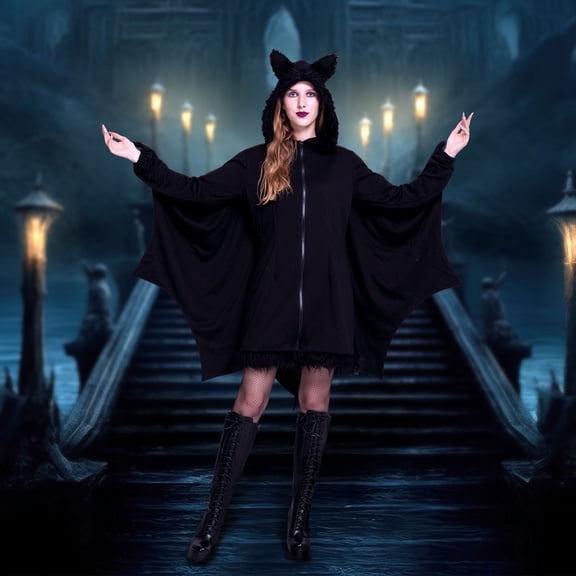 Joyfy Women's Black Bat Zip Hoodie Halloween Bat Costume for Adults, Bat Hoodie for Halloween Party and Cosplay