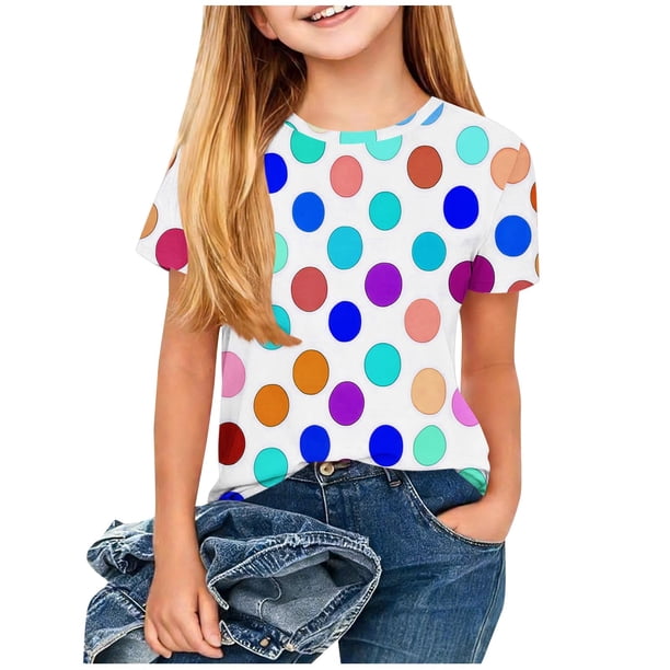 Manga Corta Crop Top para Niños Grandes con Juguetón Colorido Polka Impresión, Tela Suave Transpirable, Cuello de Tripulación Clásico, Costura Reforzada, Disponible en Tamaños de Niños Grandes