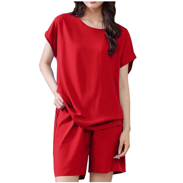 Birdeem Ensembles de Pyjama pour Femmes 2 Pcs Femmes Couleur Unie Décontracté Col Rond Manches Courtes Blouse Mode Short Ensemble de Pyjama