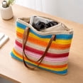 thumbnail image 3 of YAMB Striped Straw Woven Tote Bag, Large Capacity Breathable Woven Beach Handbag, Multicolor Trendy Leisure Shoulder Bag with Wide Opening for Women Vacation Shopping Travel Use, 17.72x13.78in, 3 of 6