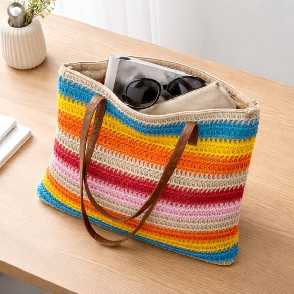 Roiihwy Large Straw Tote Bag for Women, Rattan Woven Striped Beach Crossbody Bags, Rainbow Shoulder Work Bag Purse Colored Stripe Handbag Summer