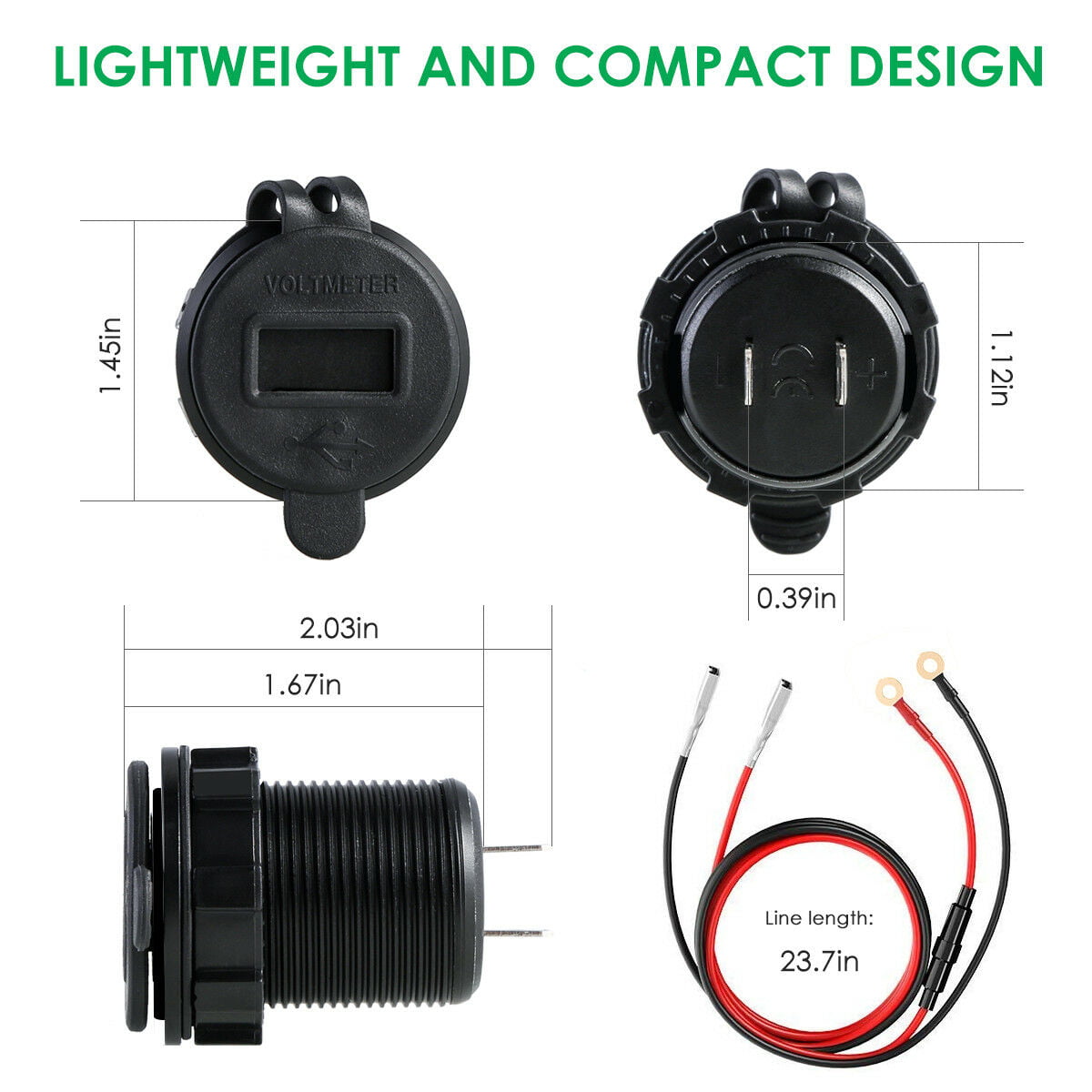 Waterproof Dual USB Charger Socket Power Outlet 2.1A & 2.1A with LED Voltmeter & Wire in-line 10A Fuse for 12-24V Car Boat Marine Motorcycle Black w/PC Plastic 4.2A 