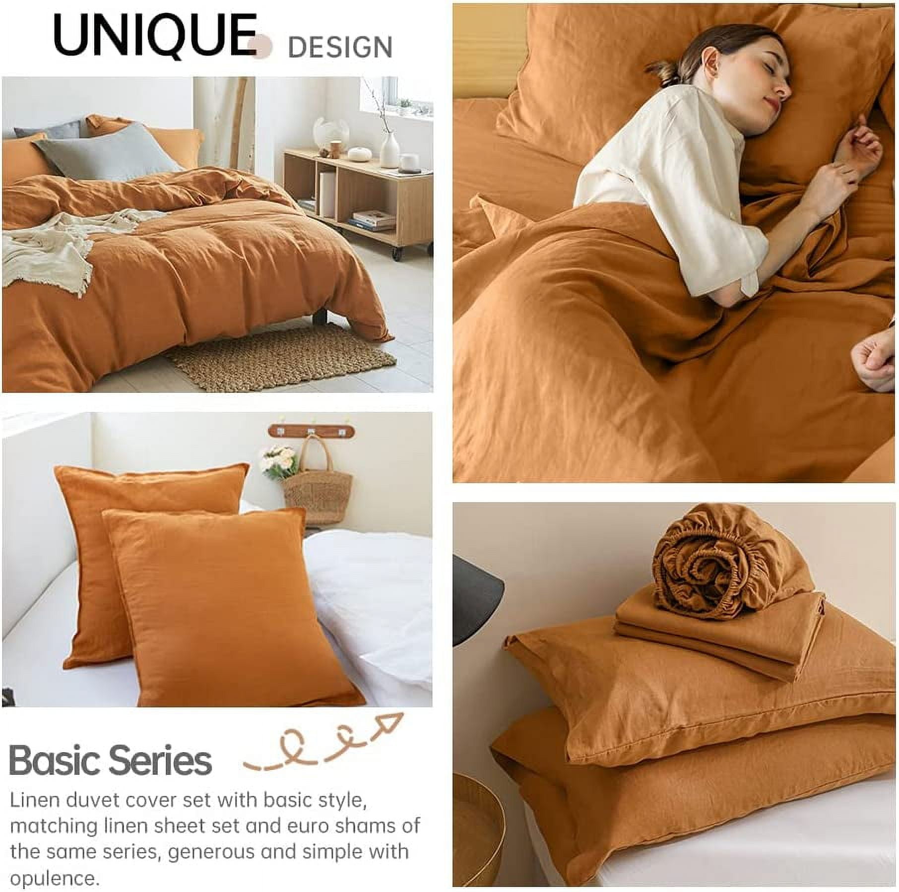 Simple&Opulence 100% Linen Duvet Cover Set 3pcs Natural French Basic Style Washed Flax Solid Color Breathable Soft Farmhouse Bedding with Button Closure (Rust, King)