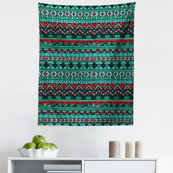 Tribal Tapestry, Hand Drawn Design Geometric Pattern with Sharp Shapes and Stripes, Fabric Wall Hanging Decor for Bedroom Living Room Dorm, 5 Sizes, Red Blue Teal, by Ambesonne