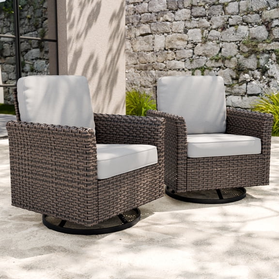 COOS BAY Harbor Retreat Mix Brown Rattan Wicker Outdoor Patio Swivel Glider Rocking Chairs with Curved Armrest, Beige Cushions, Set of 2