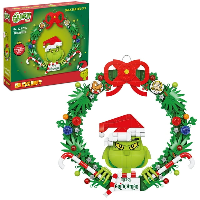 Brickcraft Grinch Kit de Construcción de Ladrillos de Corona (Juego de 523 Piezas de Plástico), Edición Limitada Coleccionable, Decoración Navideña, Decoración Colgante, Idea de Regalo de Juguete para