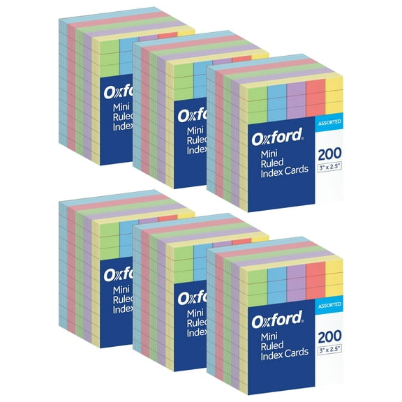 Oxford Mini Index Cards, 3" x 2.5", Ruled, Assorted Colors, 200 Per Pack, 6 Packs