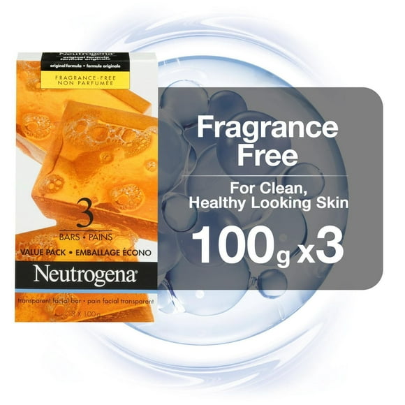 Pain facial Neutrogena ambre original sans parfum avec glycérine, pain de savon nettoyant pour le visage doux pur et transparent, sans détergents ni colorants agressifs, hypoallergénique, 100&nbsp;g