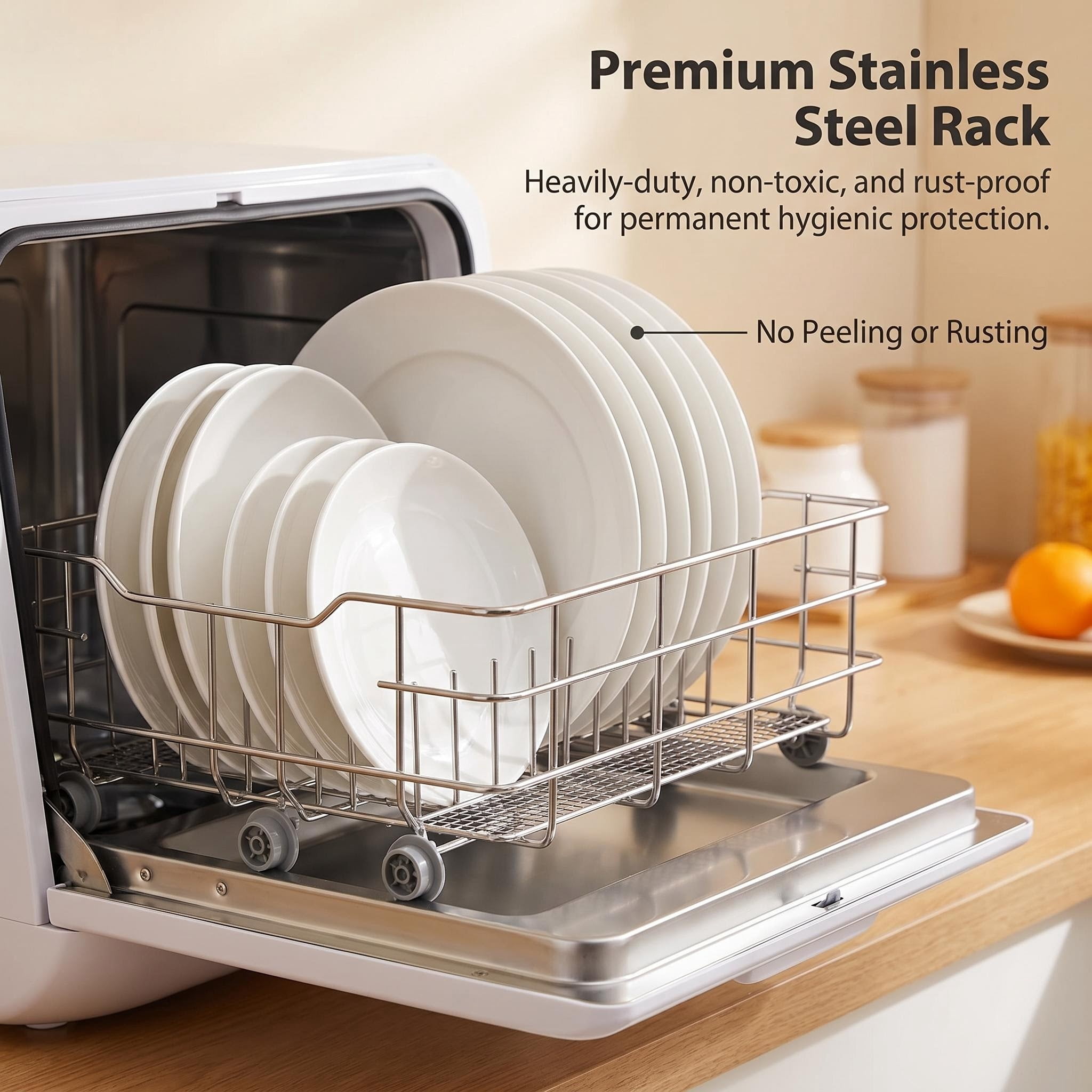 FUNGQI 1200W Portable Countertop Dishwasher, Compact Tabletop Dishwashing Machine with Stainless Steel Rack, 3 Wash Programs, 75°C Hot Air Drying, 50dB Silent Design for RV Apartments, White