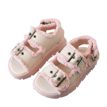 

Big Kids Girl Sandals Summer Pink Black Hairy Edge Adjustable Ankle Width Soft Bottom With Princess Shoes Red 5.5 Years-6 Years