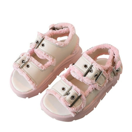 

TSADFHJI Girls Sandals Size 2.5 Big Kid Summer Girls Sandals Size 4.5 Big Kids Girl Sandals Summer Black Hairy Edge Adjustable Ankle Width Soft Bottom with Shoes 4.5-5 Years