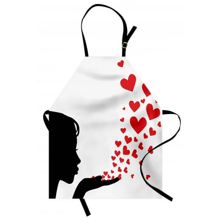 - Kiss Apron Pretty Girl Black Silhouette Blowing Red Hearts Romance Love Valentines Day Theme, Unisex Kitchen Bib Apron with Adjustable Neck for Cooking Baking Gardening, Black White Red, by Ambesonne