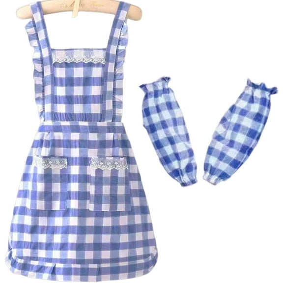Stain Resistant Blue Checkered Cooking Apron With Detachable Oversleeves Polyester Cotton For Home and Professional Use