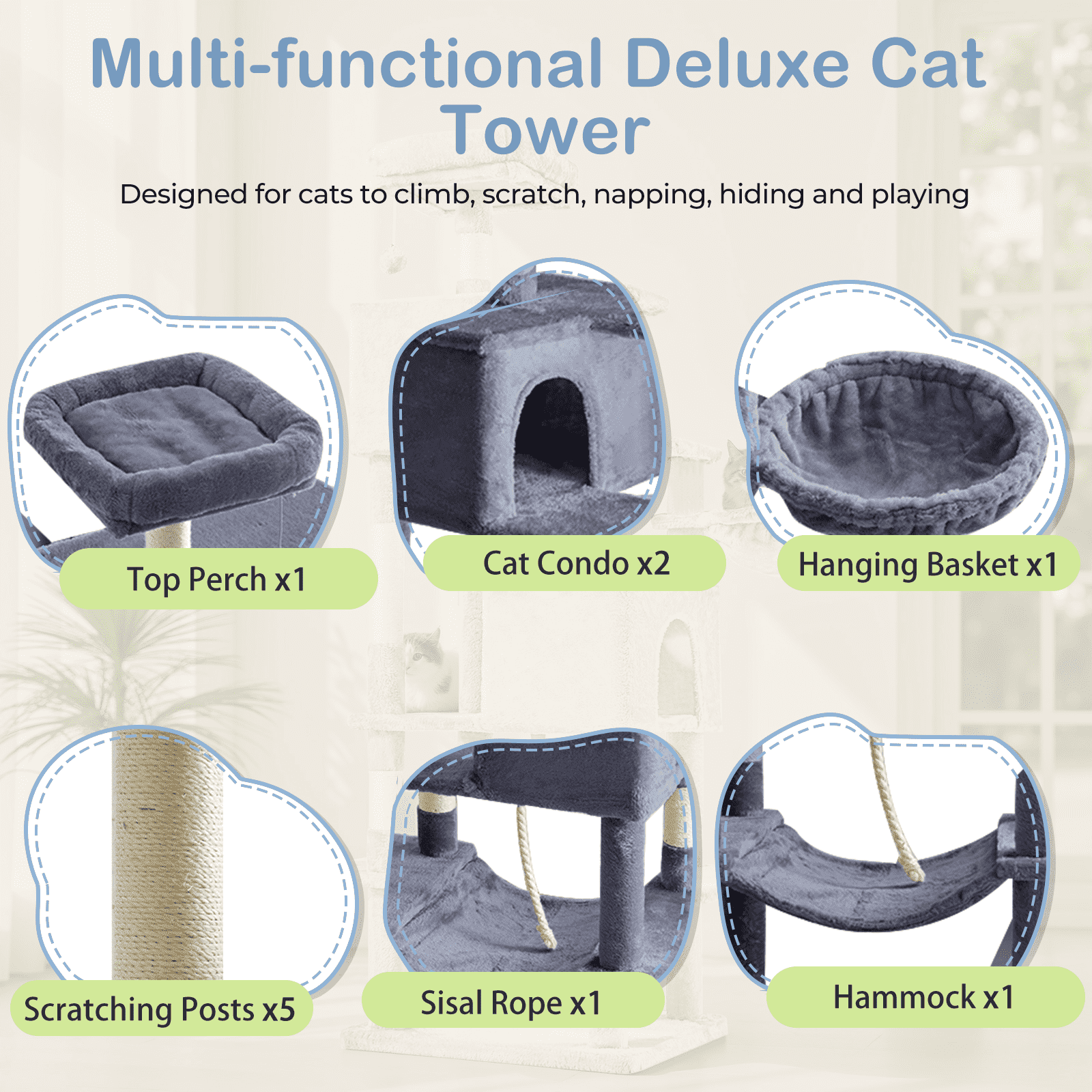 MAYEERTY 66-inch Cat Tree Tower Multi-Cat Climbing Extended Platform Hammock Pet House