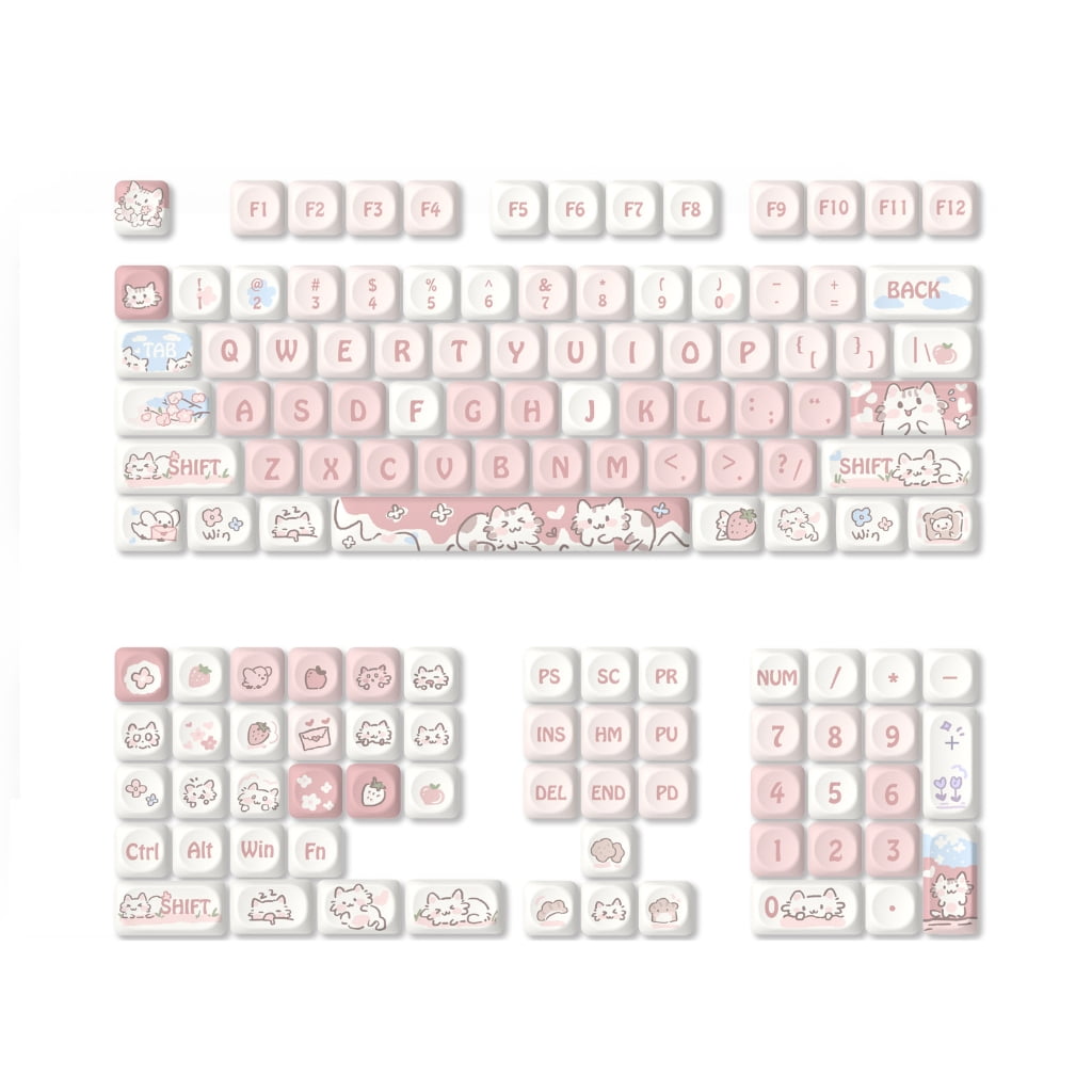 Cartoon Keycaps Set 132Keys MOA Height Heat Sublimated Strawberry Kitten Colorful for Mechanical Keyboards