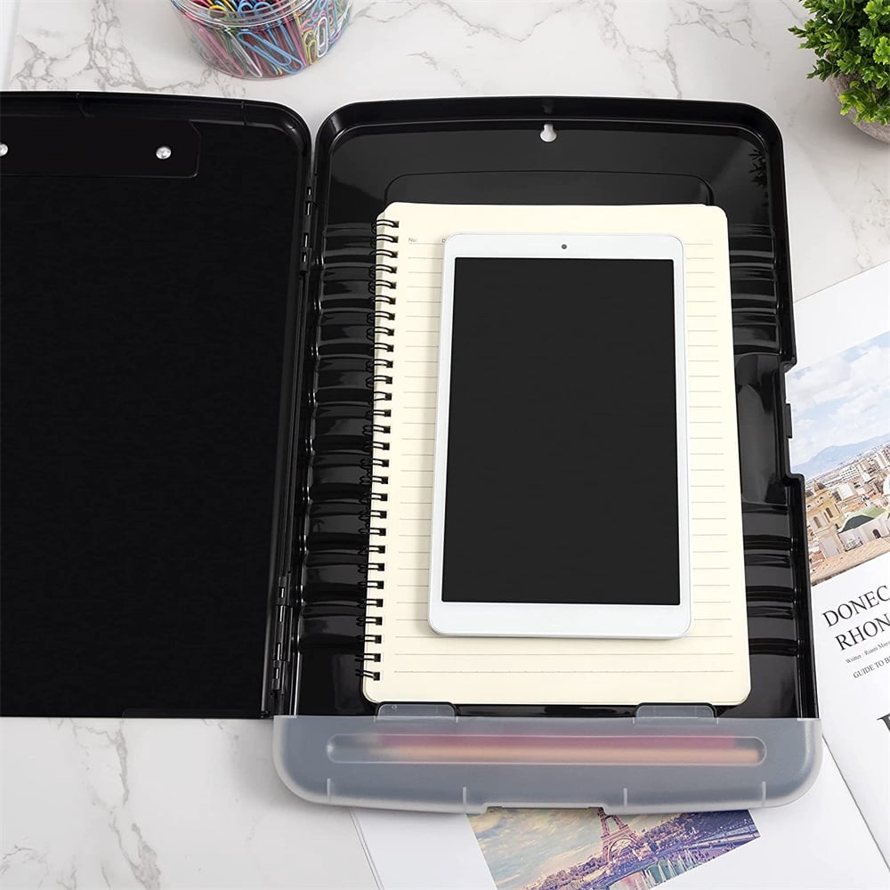 NOGIS Plastic Clipboard with Storage, High Capacity Nursing Clipboards with Pen Holder, Slim Clipboard Storage Box with Heavy Duty Clips, Clipboard Folder Side-Opening, Black