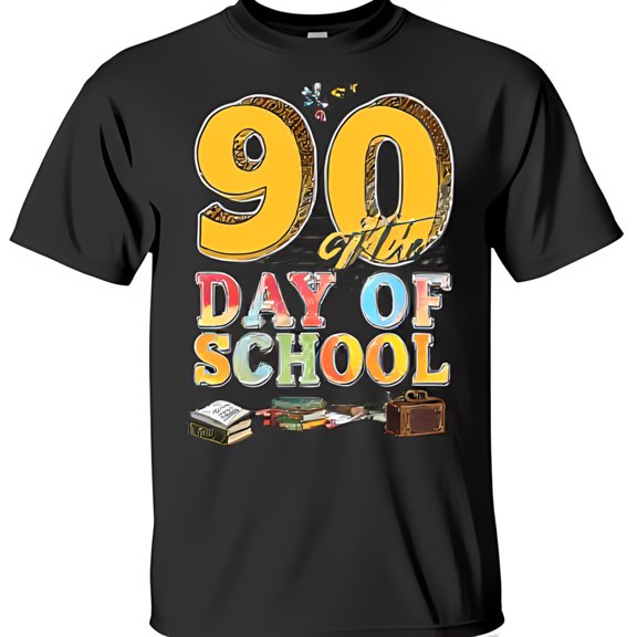 90th Day of School Black T-Shirt with Colorful Graphic Print & School Supplies