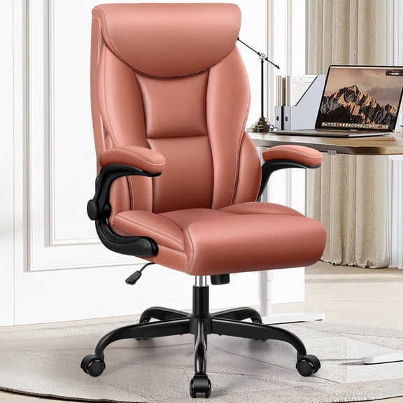 ATHOPE Executive Office Chair, Leather Office Chair with High Back Flip Up Armrests, Height Adjustable Comfy Desk Chair with Wheels, Ergonomic Computer Chair, Matte Brown