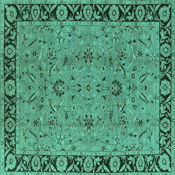 Ahgly Company Machine Washable Indoor Square Oriental Turquoise Blue Traditional Area Rugs, 4' Square