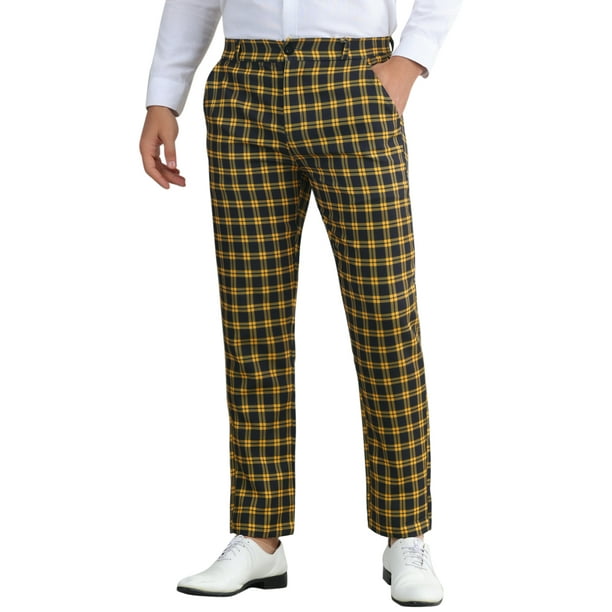 Pantalones de Hombre INSPIRE CHIC de Cuadros Casual Ajuste Regular Frente Plano Stretch 32 Negro Amarillo