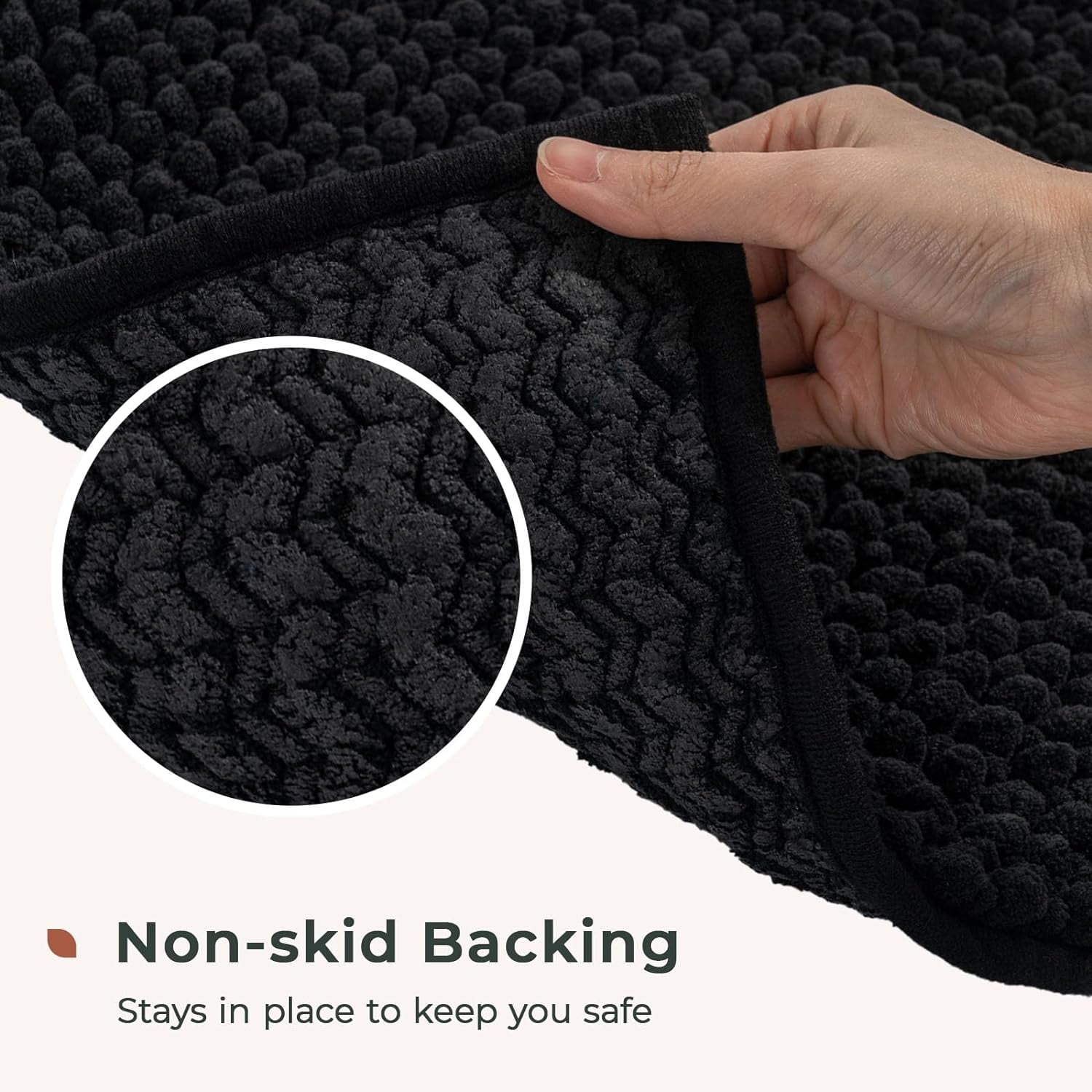FRESHMINT Chenille Bathroom Rugs Set - 2 Piece (17''x24''+20''x47''), Non-Slip Bath Mats, Water Absorbent, Washable Shower Floor Mat, Black