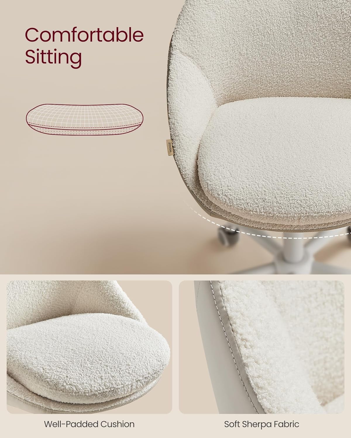 VASAGLE Office Chair, Vanity Chair, Desk Chair, Sherpa and Synthetic Leather, Foam Padding, Adjustable Height, for Home Office, Study, Bedroom