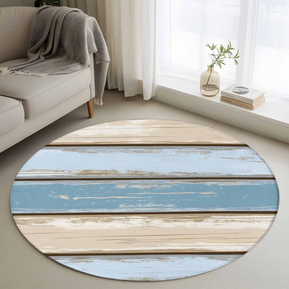 Blue Wood Grain Round Rug 3ft Washable Circle Entryway Rugs Non Slip Vintage Country Watercolor Striped Area Rug Indoor Floor Carpet for Bedroom Kitchen Living Room Home Office Dining Room Nursery
