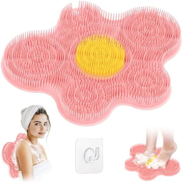 wonima11 New Silicone Shower Foot Scrubber Mat, Large Wall-Mounted Back Scrubber Back Washer with Long Bristles & Powerful Suction Cups, Easy to Clean Exfoliate and Massage Without Bending(Pink)