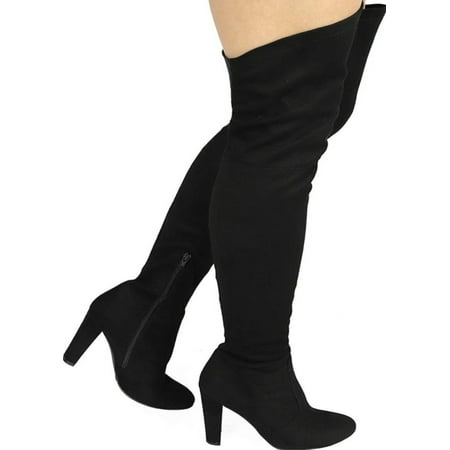 

AMAYA-93B Wild Diva Women Stretchy Suede Chunky Heel Thigh High Over The Knee Boots Stretchy