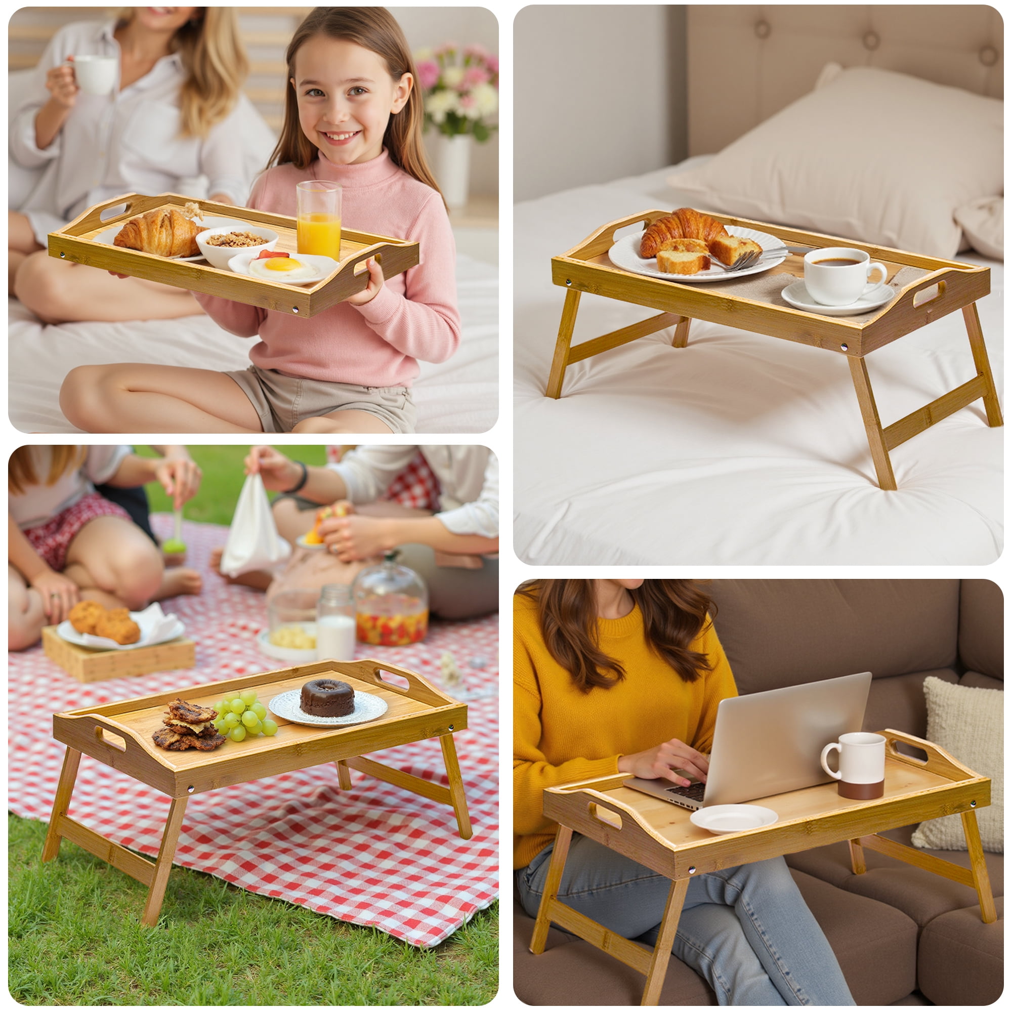 GARITIN Bed Tray Table, Breakfast Tray with Folding Legs and Handles, Multipurpose Laptop Desk, Bamboo Serving for Kitchen, Sofa, Bedroom