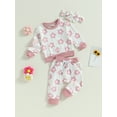 thumbnail image 3 of Lamuusaa Baby Girl Fall Outfit Flower Print Crew Neck Long Sleeve Sweatshirts Elastic Waist Long Pants Headband 3Pcs Clothes Set, 3 of 8
