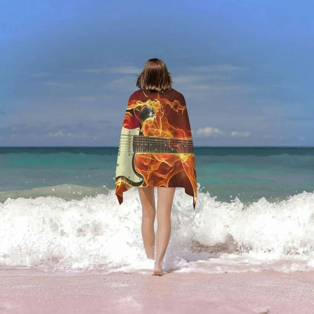 PHYHOO Fire Guitar Microfiber Beach Towel, Music Guitar Large Oversized Beach Towel Lightweight Quick Dry Soft Absorbent Bath Towel, Sand Free Towel for Swimming Travel Sports 30x60in