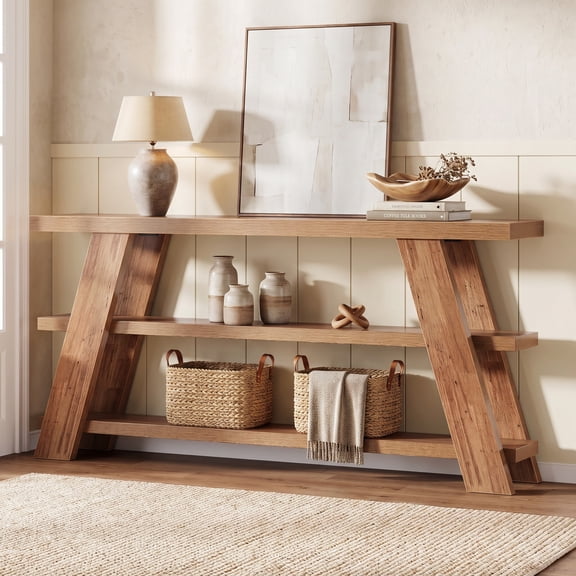 Fnova 70.9" Farmhouse Console Table, 3-Tier Extra Long Entryway Table with Storage, Narrow Wooden Sofa Table for Living Room, Hallway