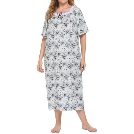 

Monfince Plus Size Women Nightgown Short Sleeve Floral Print Nightdress Square Neck Lounger Robe Long Sleepwear