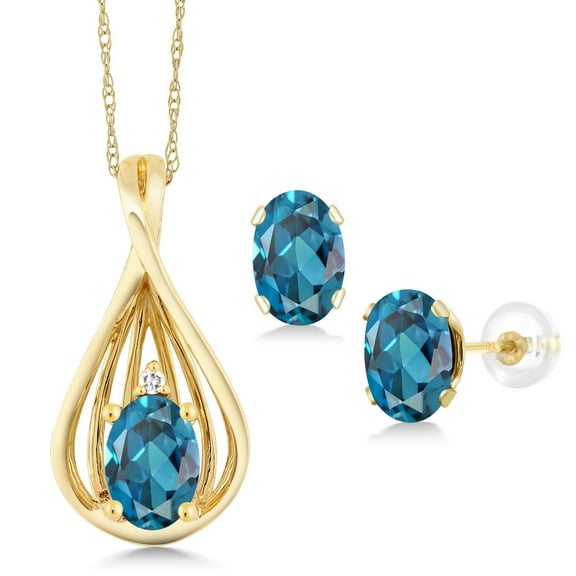 Gem Stone King 1.81 Ct London Blue Topaz White Diamond 10K Yellow Gold Pendant and Earrings Jewelry Set