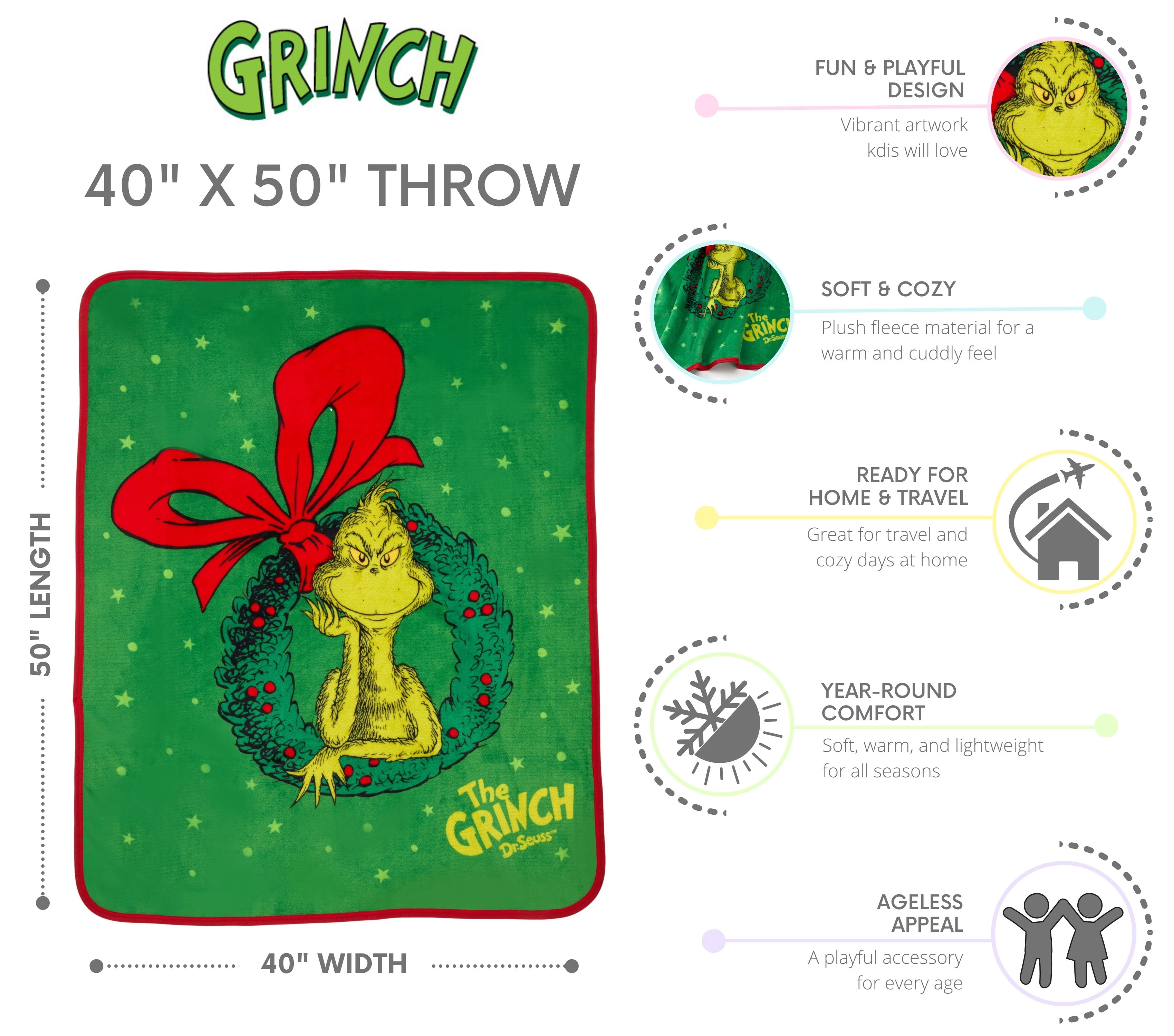 Grinch Kids Green Wreath Silky Soft Throw Blanket, 40x50