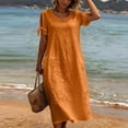 thumbnail image 5 of VBVC Women's Short Sleeve Cotton Linen Midi Dress , Summer Tie Sleeve Dresses For Women,Ladies' Crew Neck Loose Dress with Pockets,Orange,S-3XL, 5 of 8