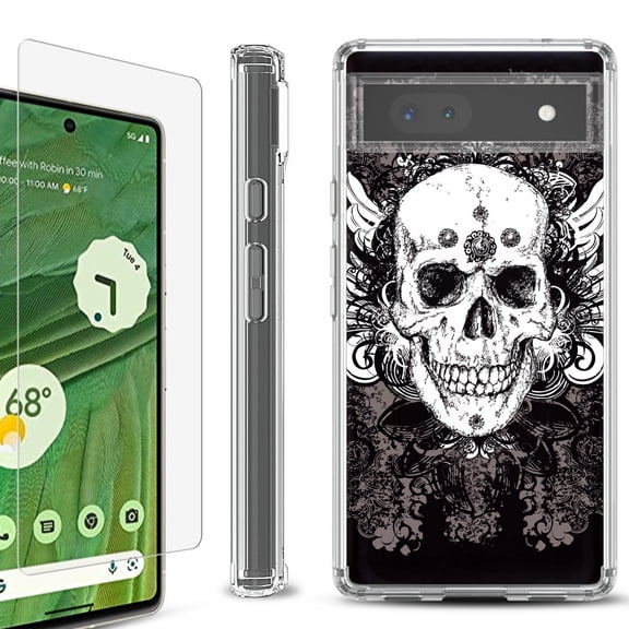 Shockproof Bumper Phone Case for Google Pixel 6a, with Tempered Glass Screen Protector, by OneToughShield ® - Grunge Skull