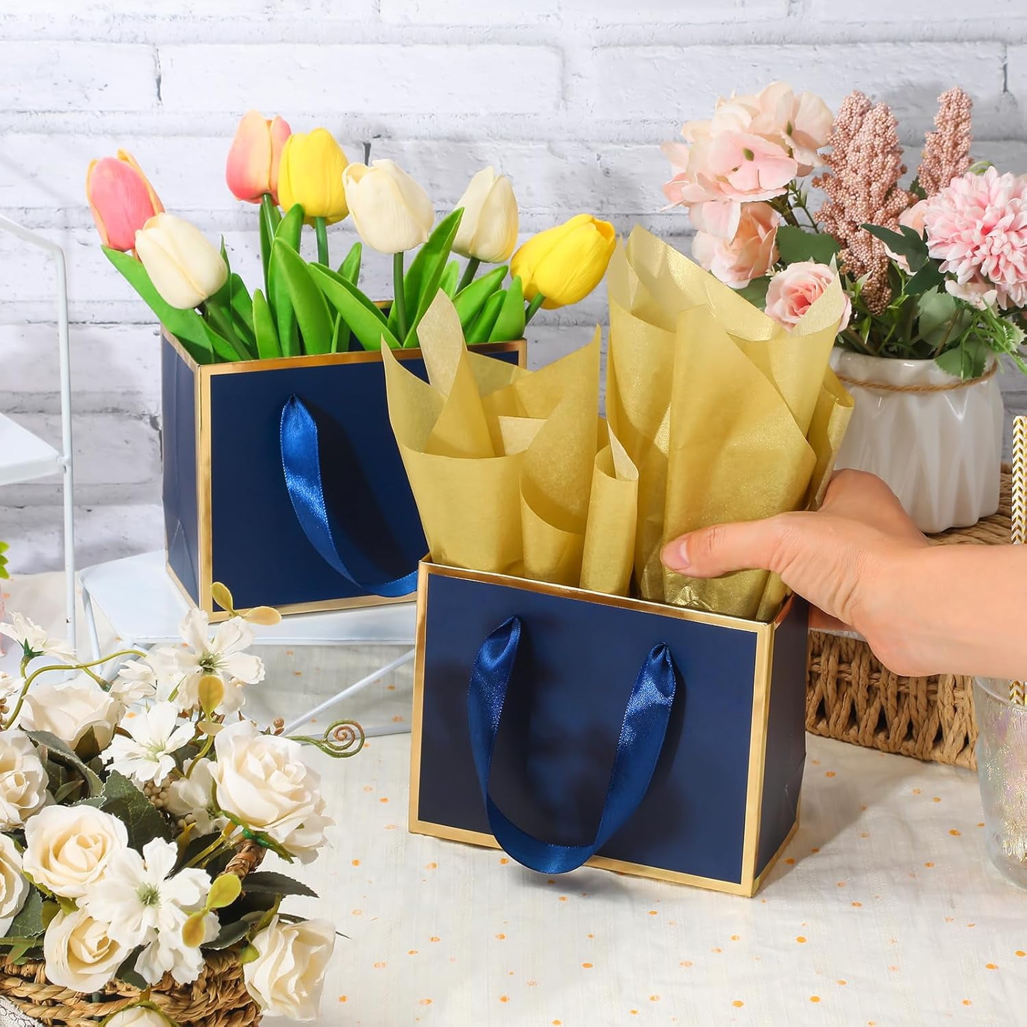 30 Pcs Small Metallic Foil Gift Bags with Handles, Blue Gold Thank You Favor Bag with Tissue Paper for Back to School Baby Shower Wedding Mother's Day Christmas Party (6.4x3.1x5.1 Inch)