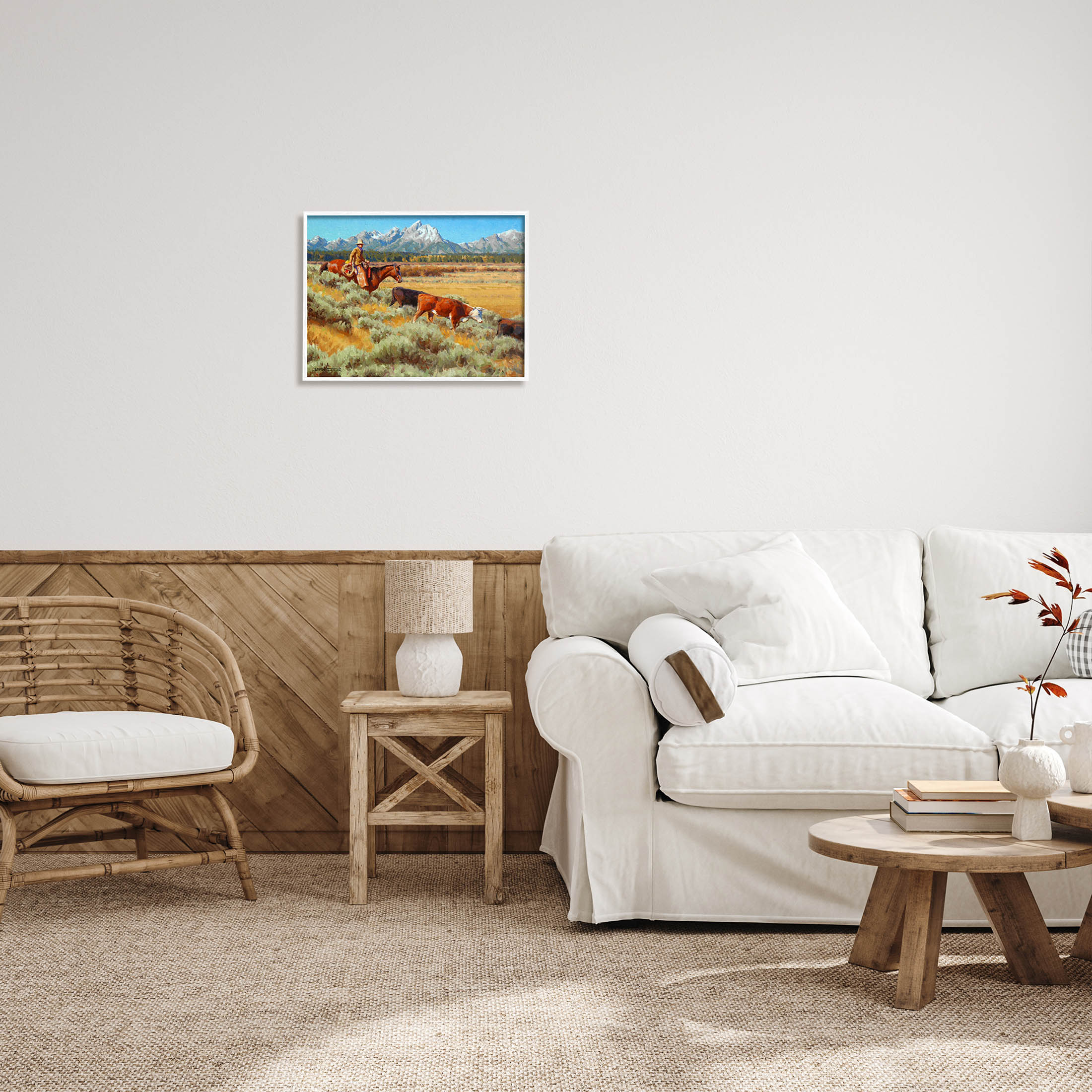 Western Ranch Horse Cattle Animals & Insects Painting White Framed Art Print Wall Art