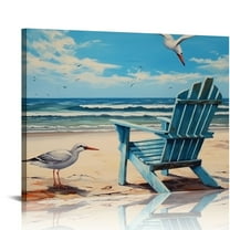 Creowell  Wall Art Framed Beach Canvas Artwork Decor Rustic Navy Blue Sky Coastal Seagull Chair Picture Ocean Seascape Aqua Painting for Living Room Office Wall Ready to Hang 20x16 in/16x12 in