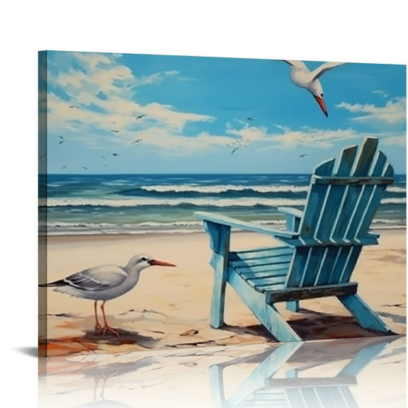 Creowell  Wall Art Framed Beach Canvas Artwork Decor Rustic Navy Blue Sky Coastal Seagull Chair Picture Ocean Seascape Aqua Painting for Living Room Office Wall Ready to Hang 20x16 in/16x12 in