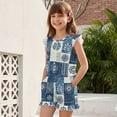 thumbnail image 3 of ZIATUBLE4S Blue Flower Patchwork Print Girls Summer Casual Playsuit Flutter Sleeves Short Jumpsuit Button Round Neck Kids Romper Elastic Waist Relaxed Fit Comfort Outfit with Pockets for 7-8 Y, 3 of 6