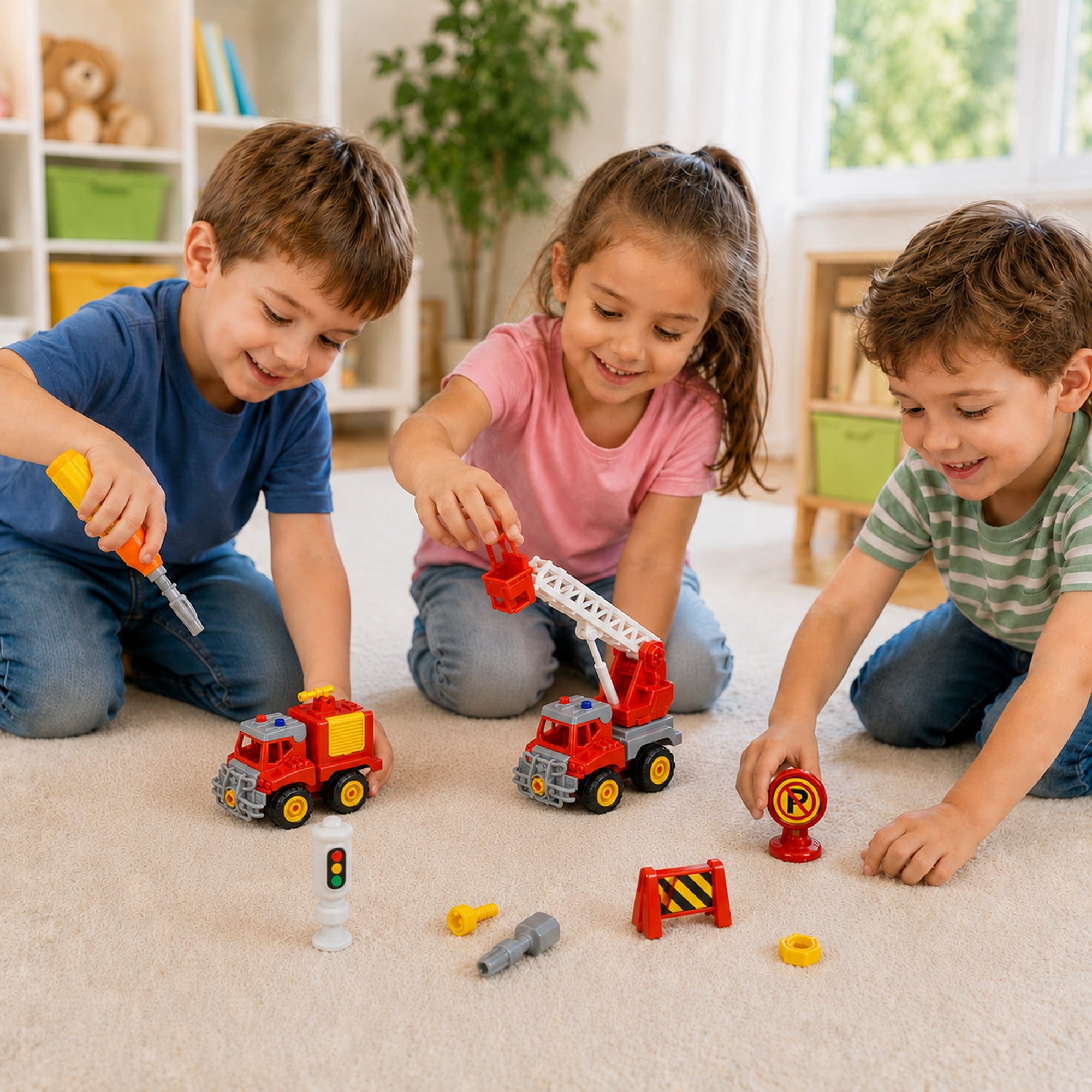 Take Apart Fire Truck Toy Set for Kids Ages 3+, DIY Rescue Vehicle Building Kit with Screwdriver, Traffic Signs & Storage Case