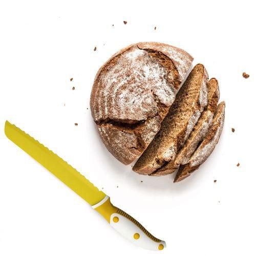 Starfrit 8-Inch Bread Knife - Efficient Serrated Blade with Protective Cover - Non-Stick Coating - Yellow & White